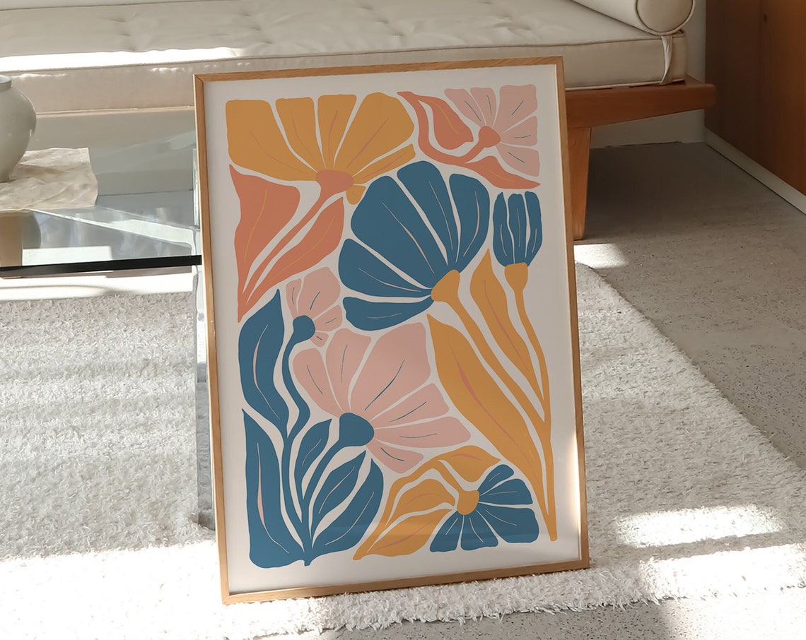Blue Peach Orange Abstract Floral Matisse Style Botanical Wall Poster - Image 4