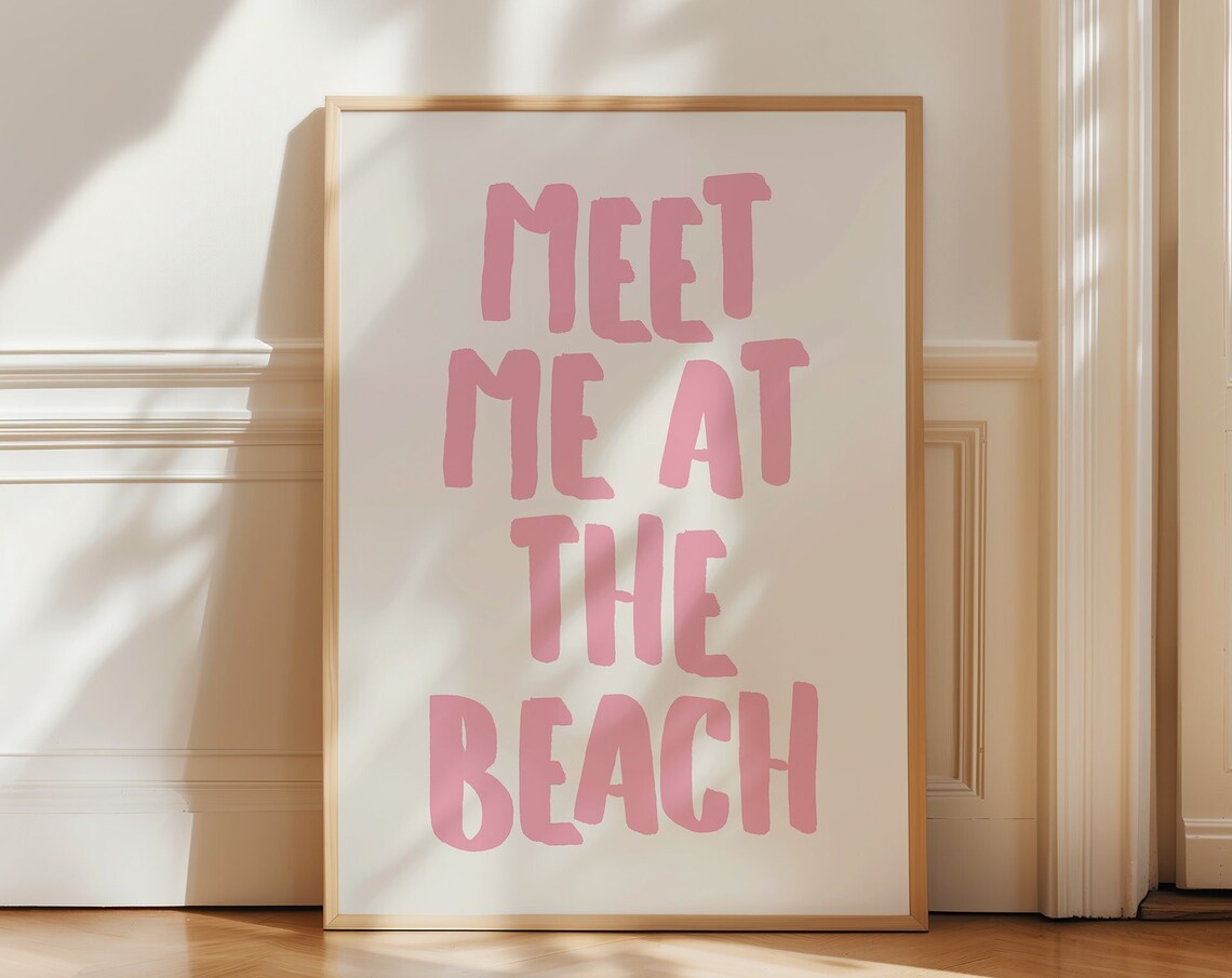 Meet Me At The Beach Pink Brush Lettered Coastal Wall Decor Gift Poster