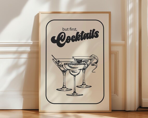 But First Cocktails Retro Black Cream Cocktail Bar Art Poster