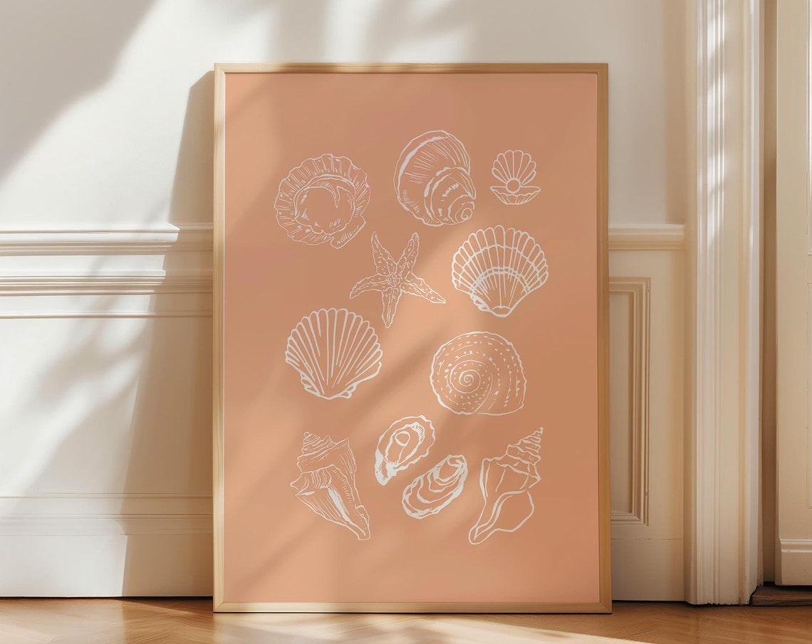 Peach Seashells Line Art Coastal Starfish Beach House Wall Poster