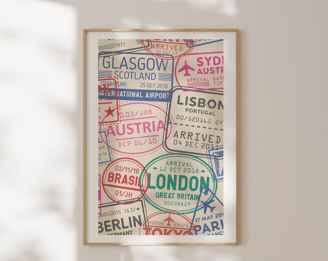 Passport Stamps Collage World Travel Cities Vintage Style Poster - Image 4