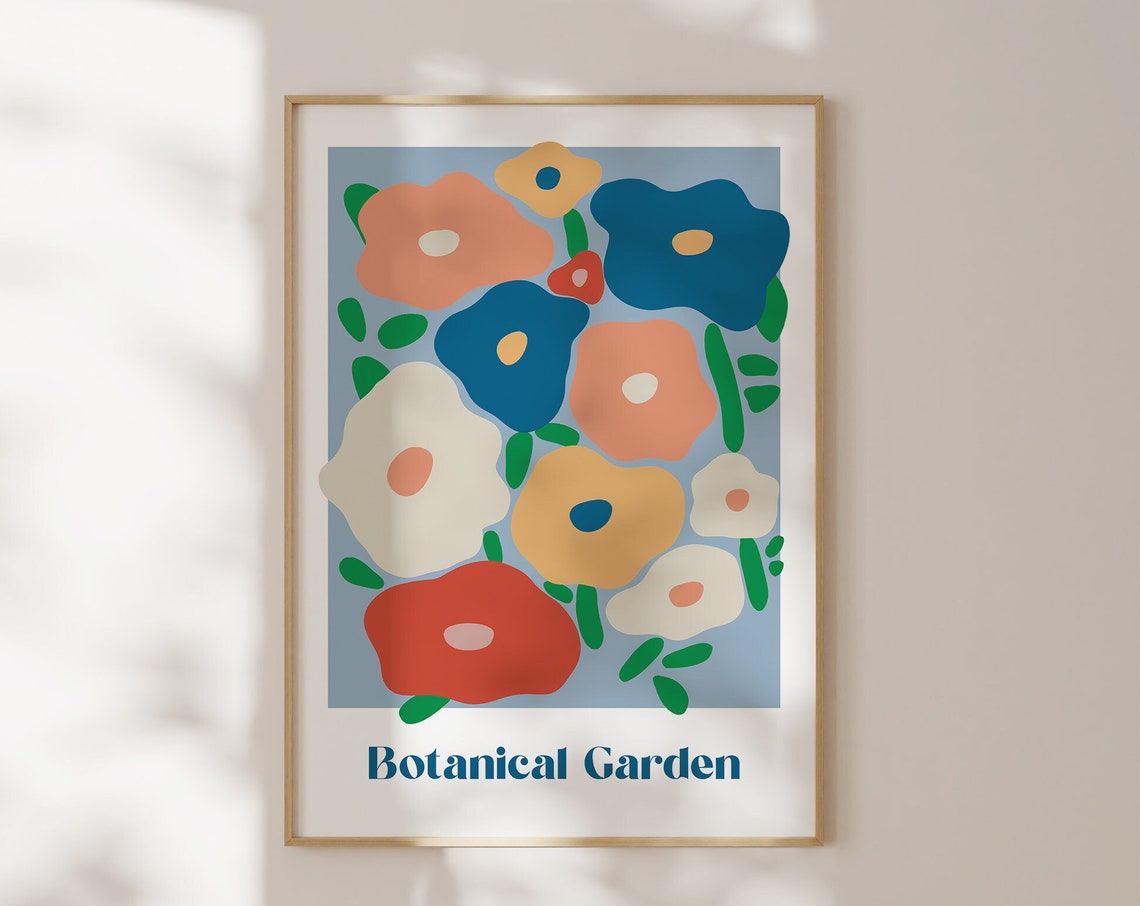Botanical Garden Colorful Abstract Flowers Blue Retro Modern Poster