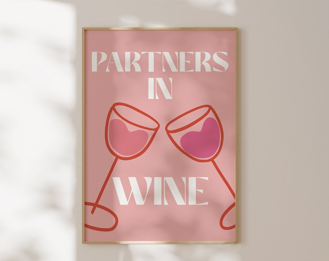 Partners In Wine Cheers Wine Poster, Bar Cart Art Print