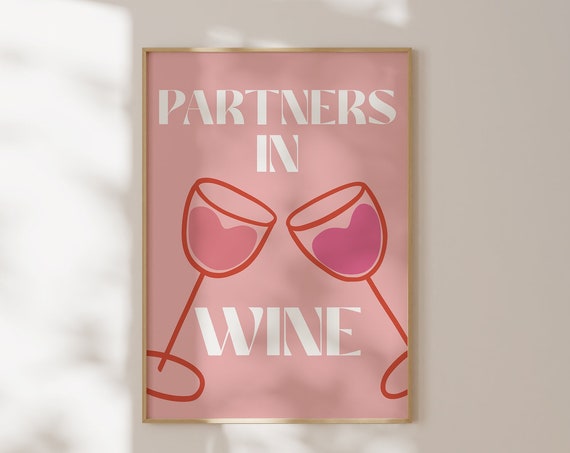 Partners In Wine Cheers Wine Poster, Bar Cart Art Print