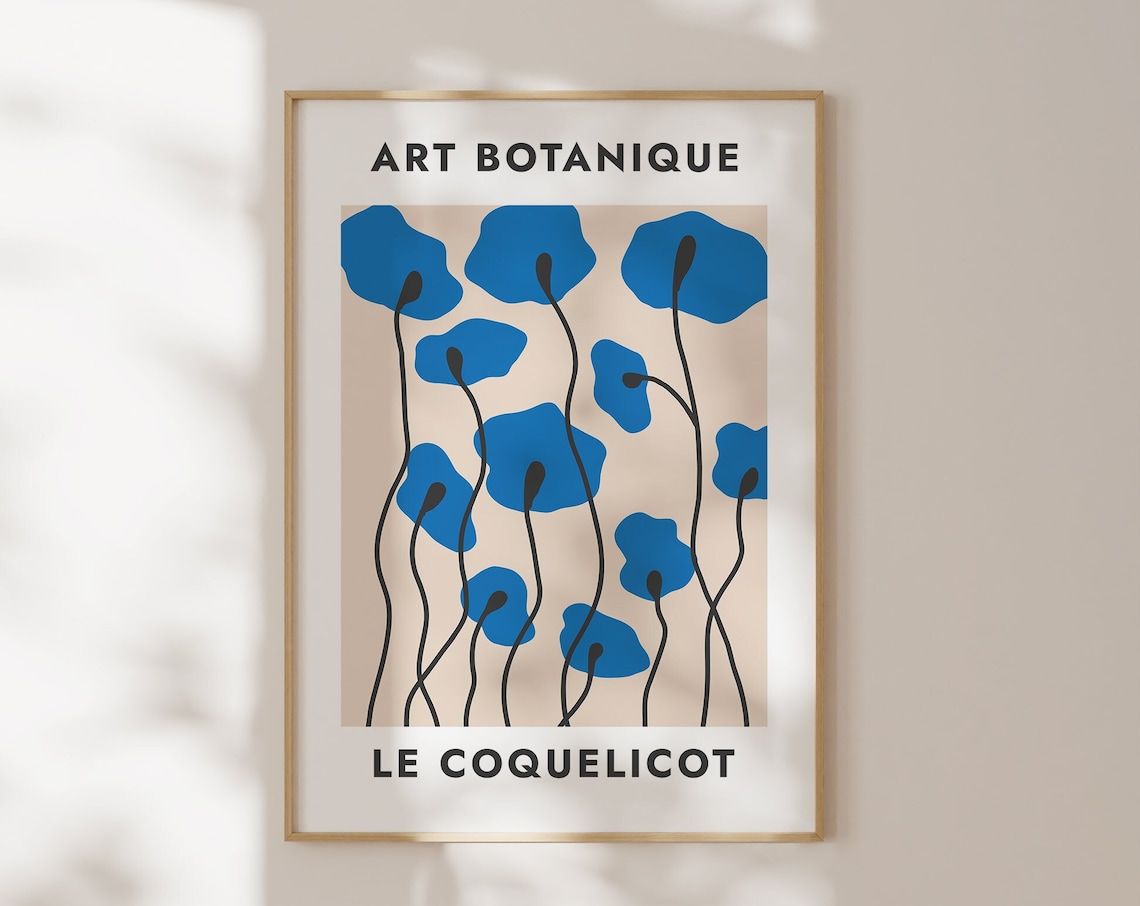 Art Botanique Le Coquelicot Blue Poppy Beige French Floral Wall Poster
