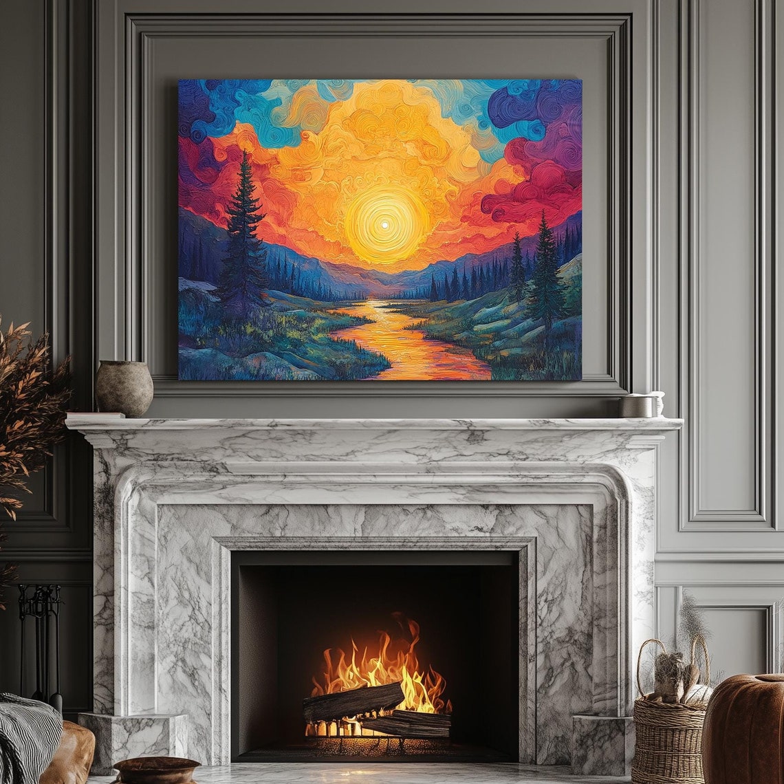 Psychedelic Sunset Print Landscape Modern Painting Nature Calm Relaxing Wall Print Airbnb Art Wall Decor