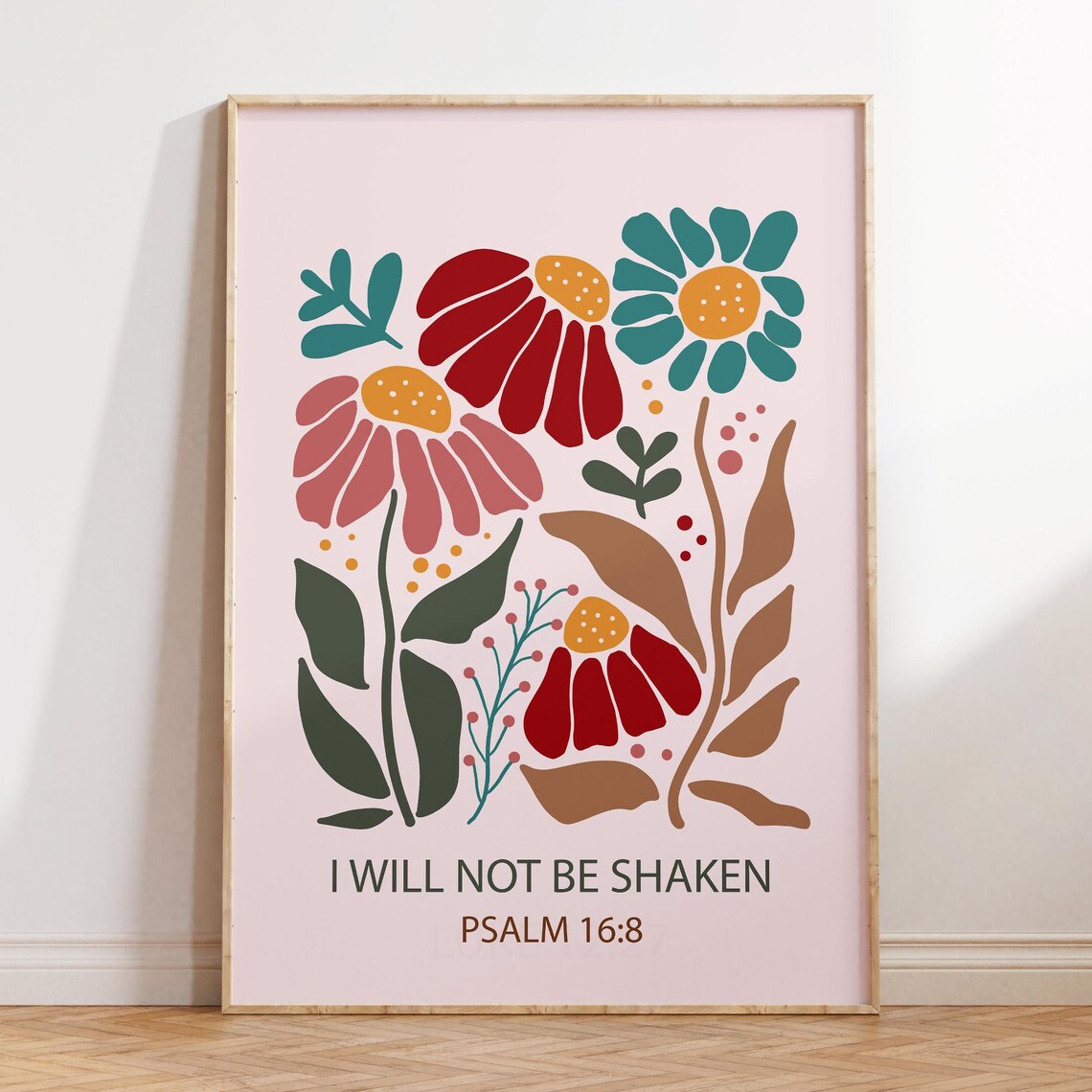 Psalm 16:8 I Will Not Be Shaken Bold Red Daisy Floral Bible Poster