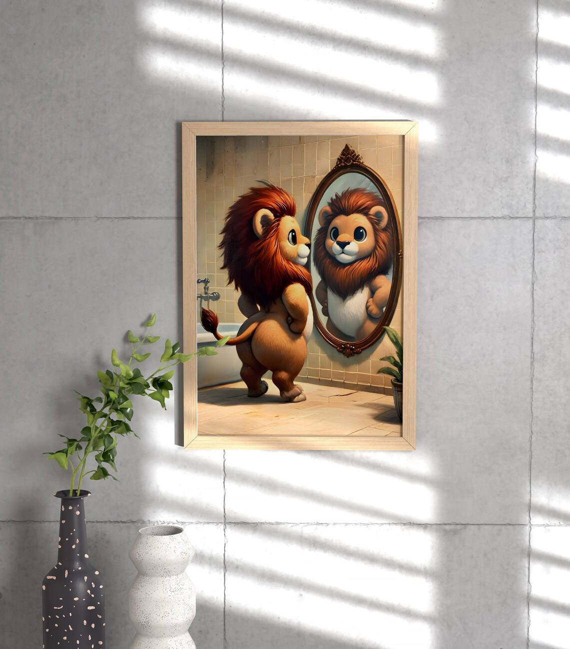 Lion Admiring Itself in Mirror Bathroom Funny Cute Art Poster - Image 3
