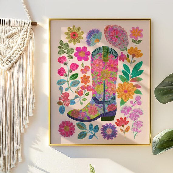Floral Cowboy Boot Western Wildflower Colorful Country Art Poster