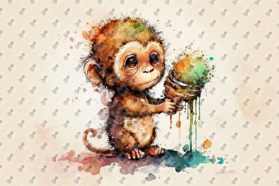 Playful Baby Monkey Holding Colorful Ice Cream Watercolor Poster