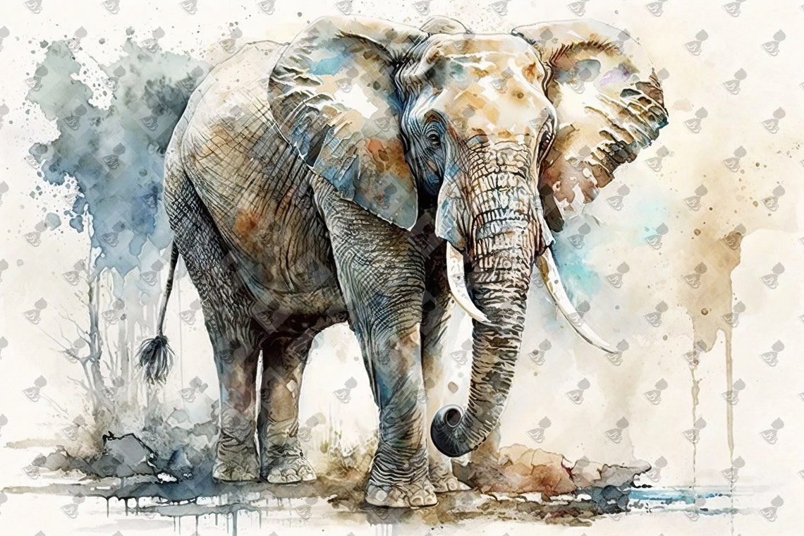 Elephant Watercolor Majestic Big Tusks Safari Wildlife Wall Art