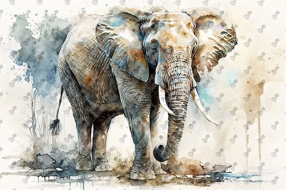 Elephant Watercolor Majestic Big Tusks Safari Wildlife Wall Art