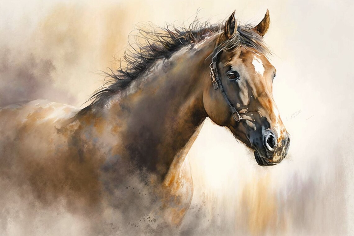 Chestnut Horse Portrait Soft Golden Watercolor Equine Art Poster
