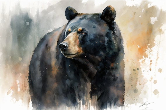 Black Bear Watercolor Close Up Portrait Dark Fur Wildlife Wall Art