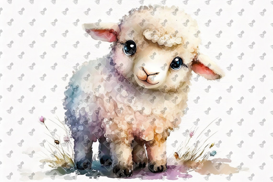 Cute Baby Lamb Big Blue Eyes Fluffy Wool Watercolor Nursery Poster