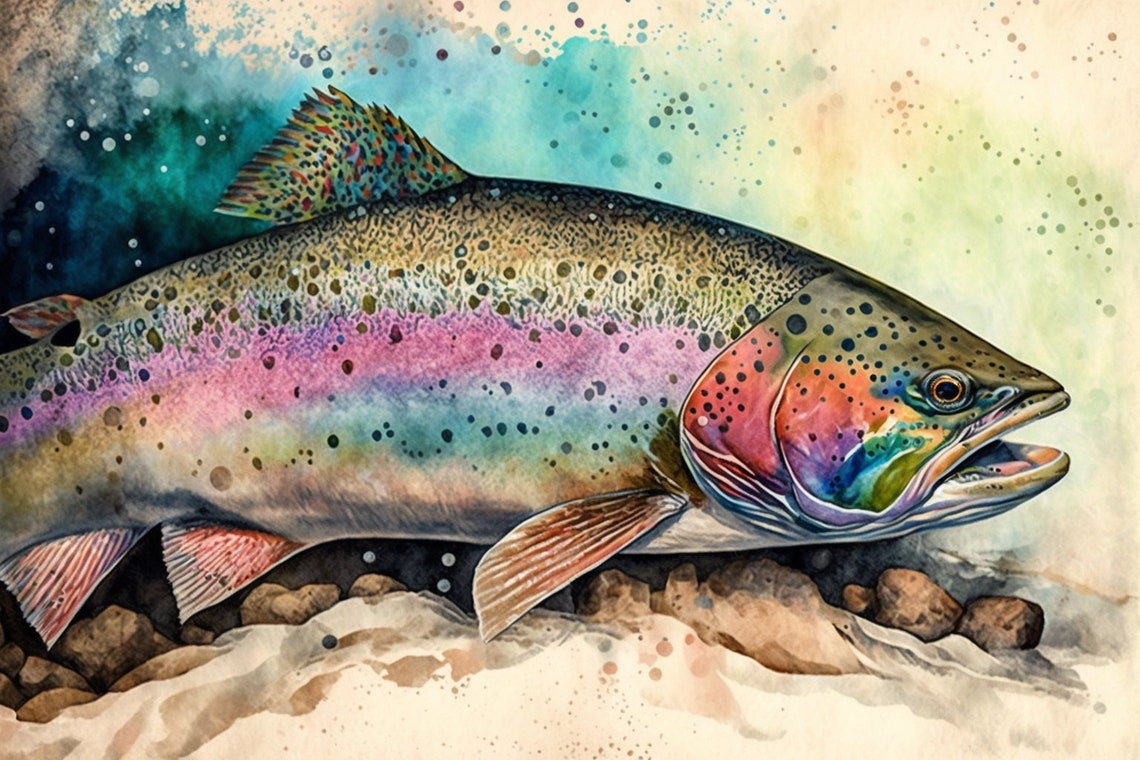 Rainbow Trout Watercolor Pink Stripe Fish Fishing Cabin Wall Art