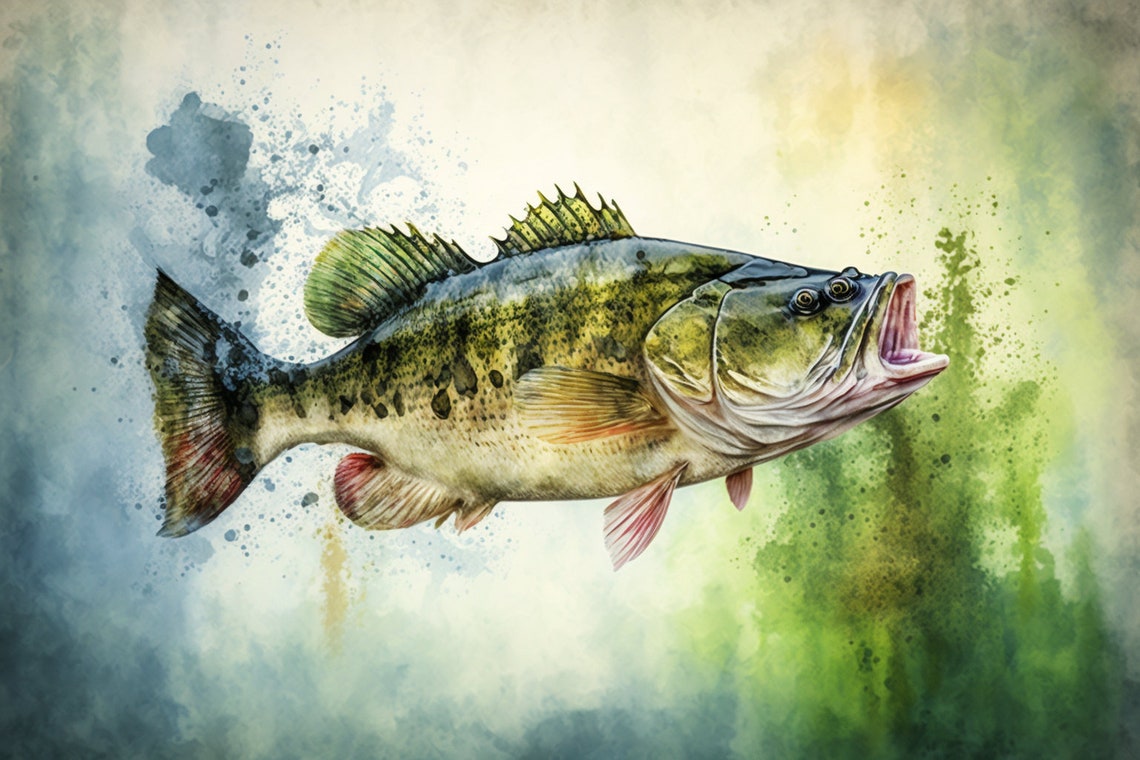 Watercolor Largemouth Bass Leaping Green Splash Fish Art Poster