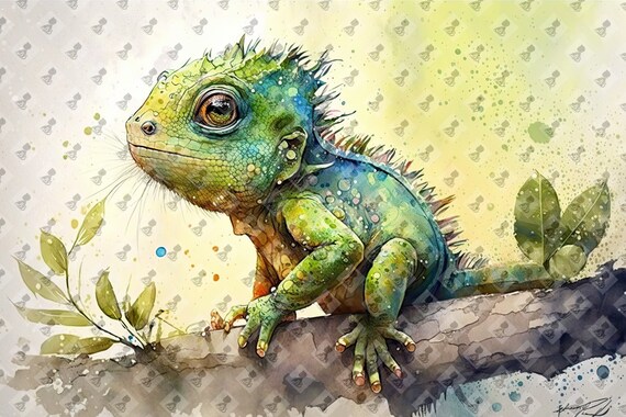 Cute Baby Iguana Watercolor Green Lizard Branch Nursery Wall Art