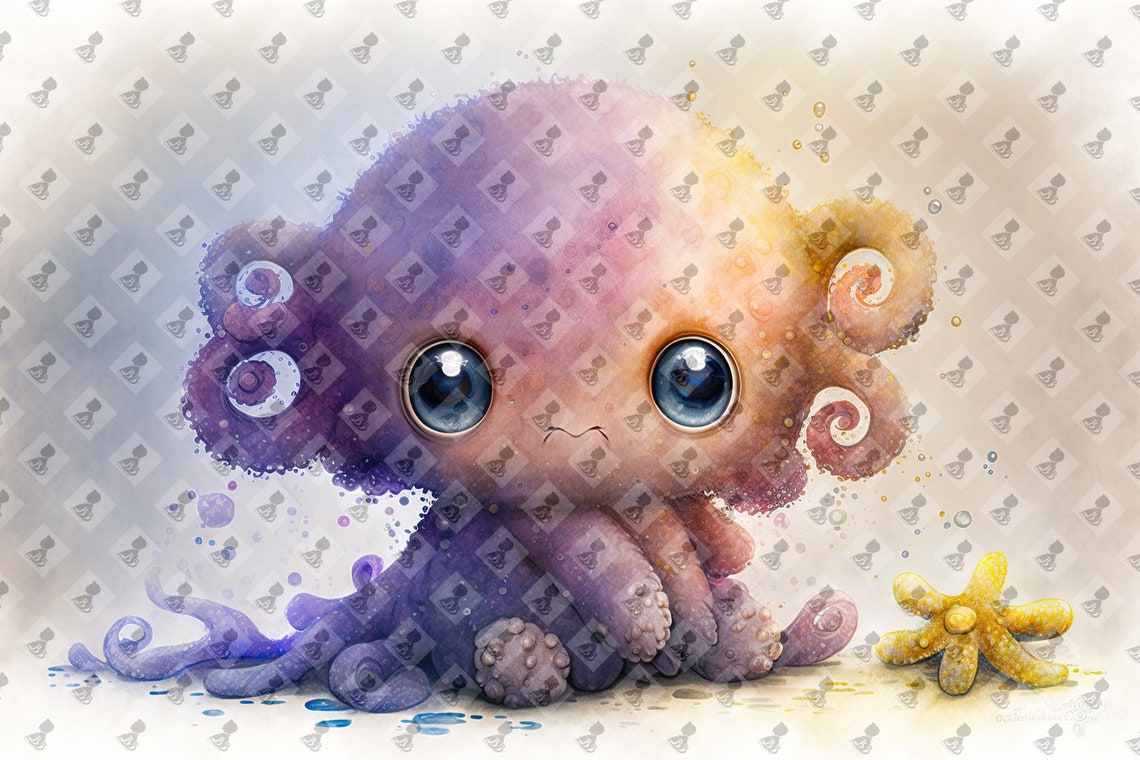 Cute Baby Octopus Watercolor Purple Starfish Nursery Art Poster