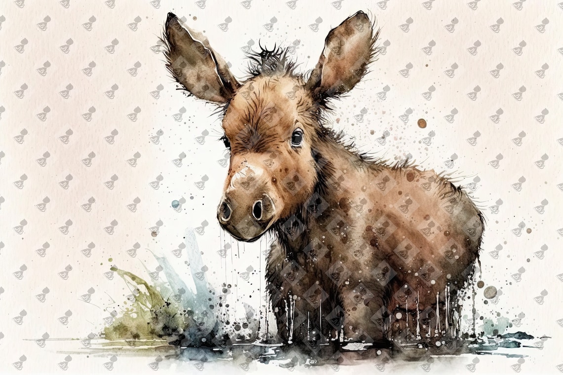 Baby Moose Calf Watercolor Big Ears Cute Nursery Animal Wall Art Poster