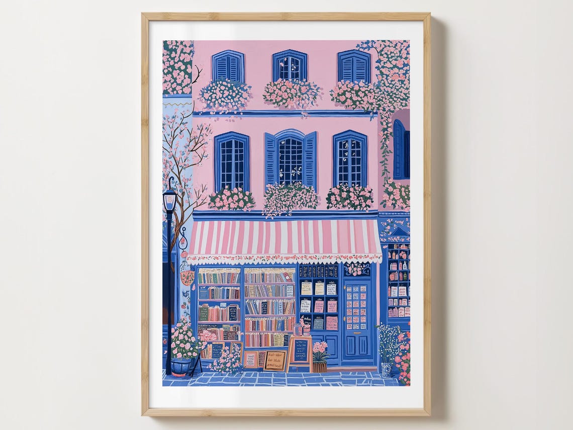 Pink Bookshop With Striped Awning Climbing Roses And Lantern Poster