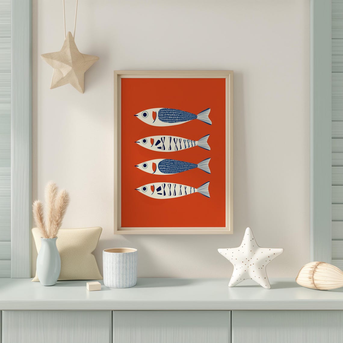 Four Stylized Blue Fish On Bold Red Retro Modern Kitchen Art Poster - Image 3