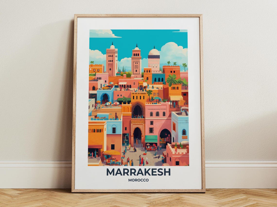 Marrakesh Medina with Minarets in Warm Sunset Colors Travel Poster