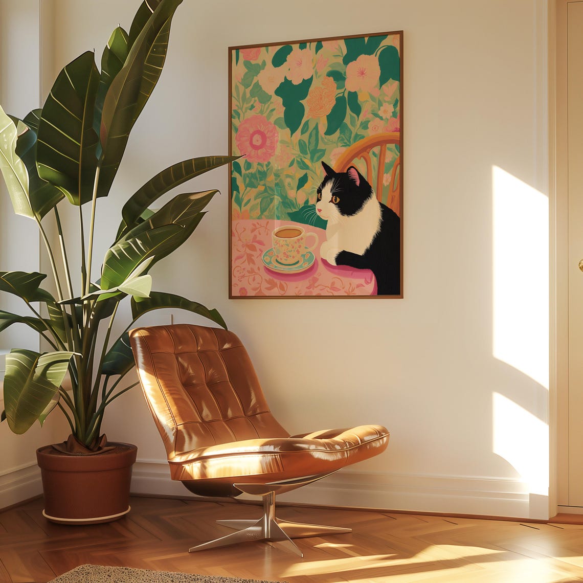 Black And White Cat Holding A Tea Cup At A Floral Table Poster - Image 5