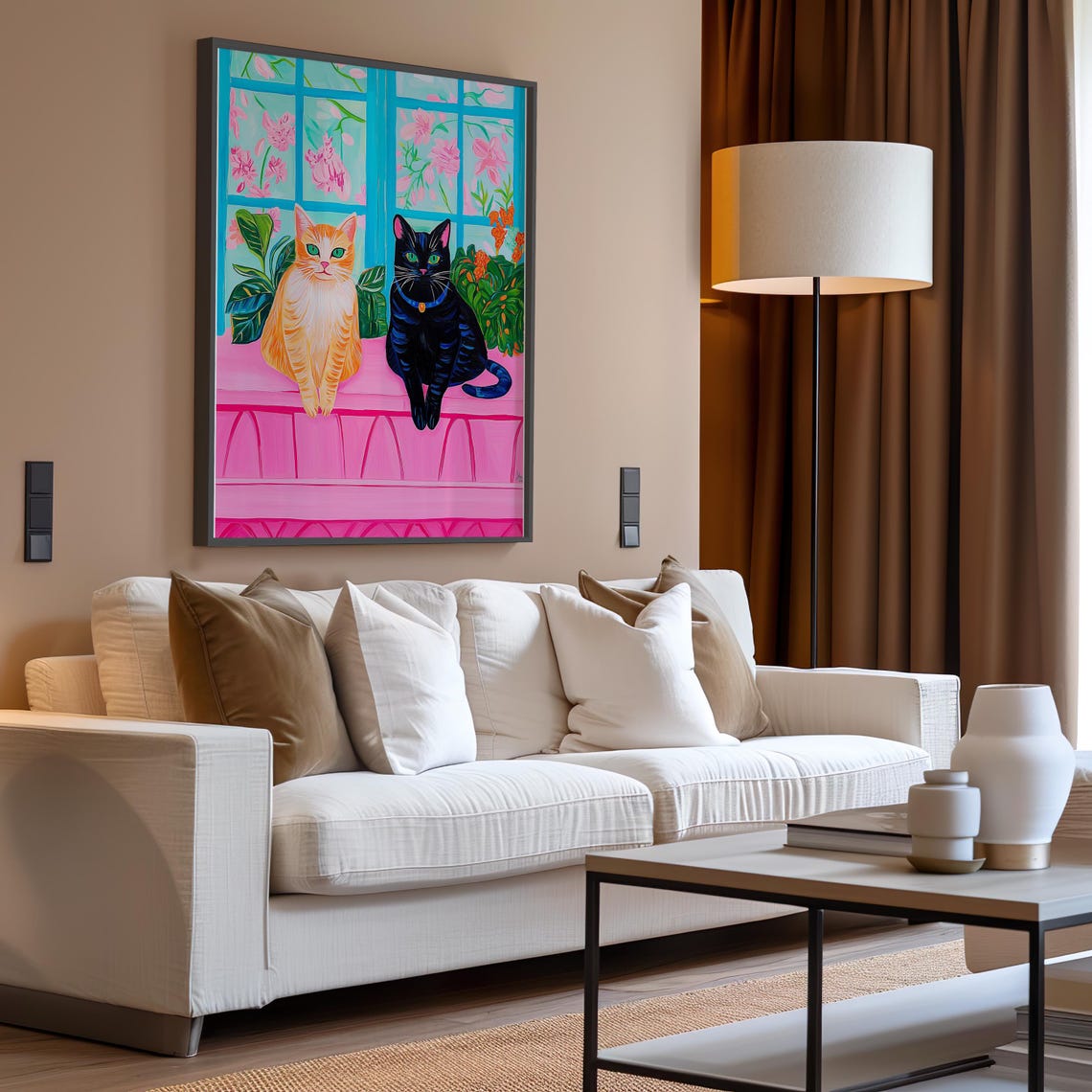Ginger and Black Cats on a Pink Ledge by Floral Window Poster - Image 2