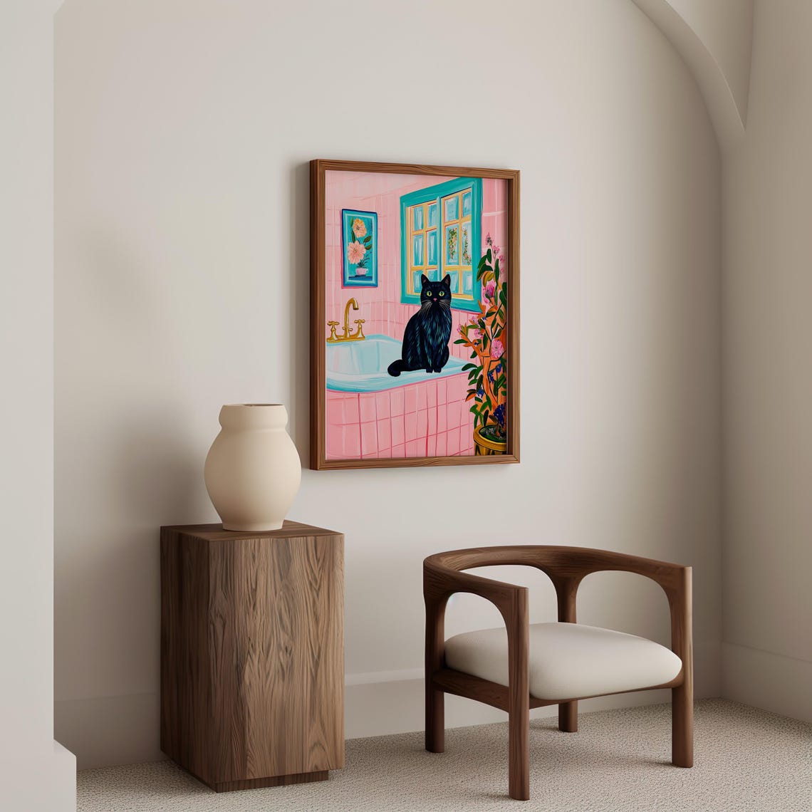 Black Cat Sitting on a Pink Tiled Bathroom Sink Cat Art Poster - Image 5