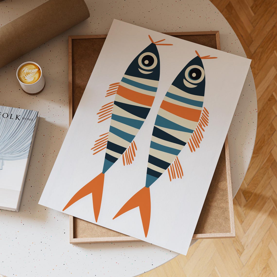 Pair Of Striped Fish In Navy Orange And Cream Minimal Wall Poster - Image 3