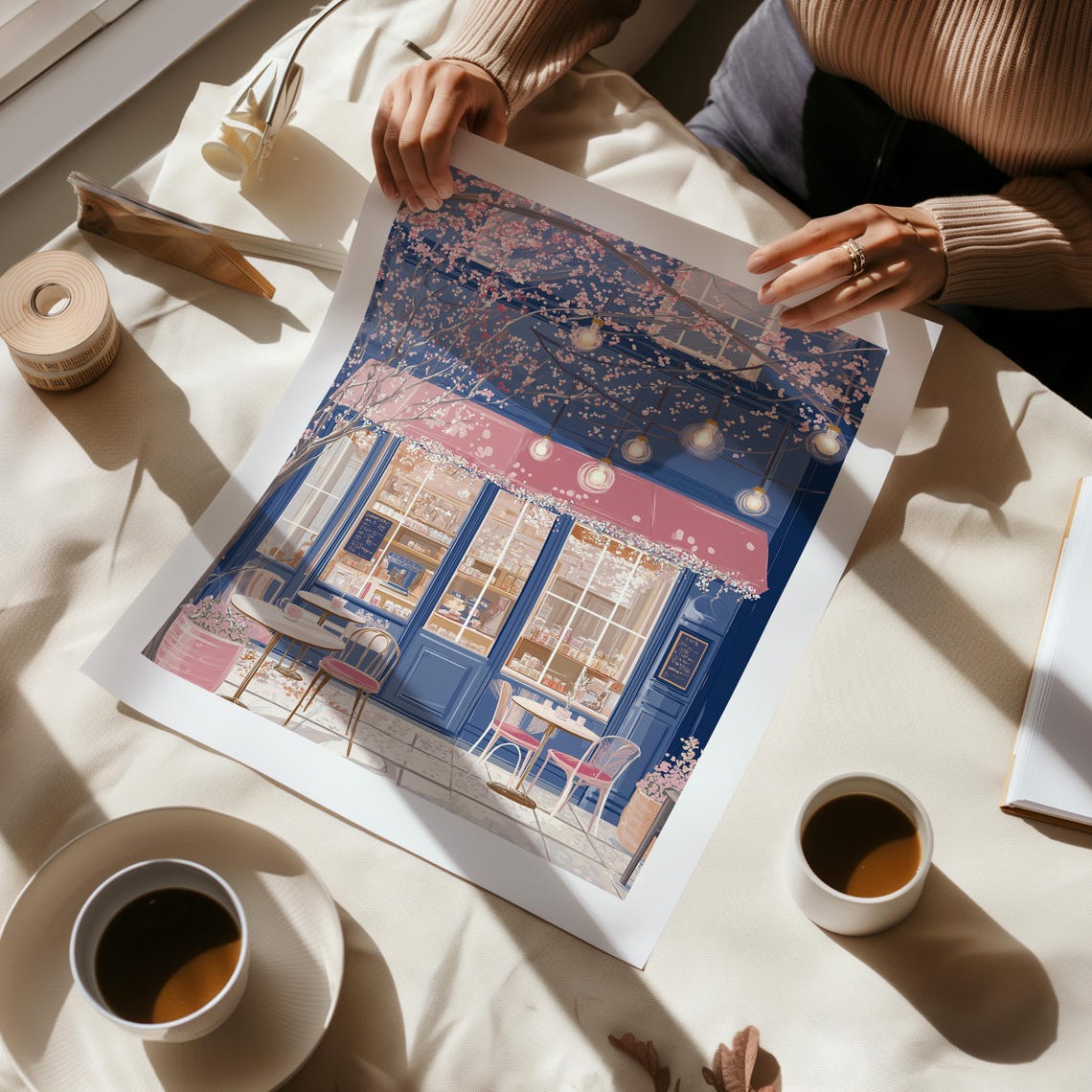 Evening Cafe with Glowing String Lights and Pink Awning Art Poster - Image 3