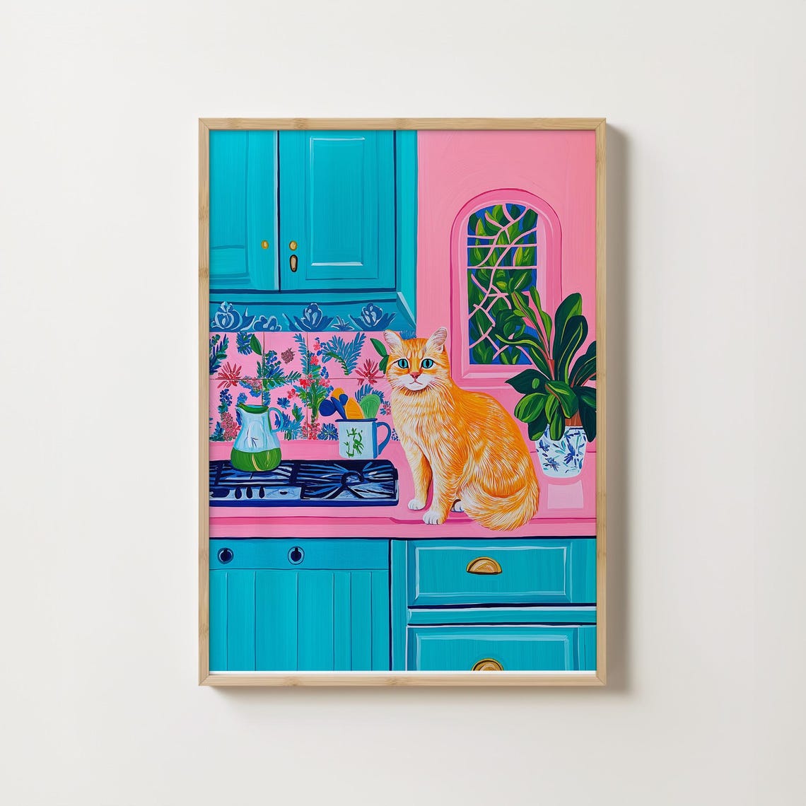 Orange Cat Sitting On A Pink Kitchen Counter With Teal Cabinets Poster - Image 4