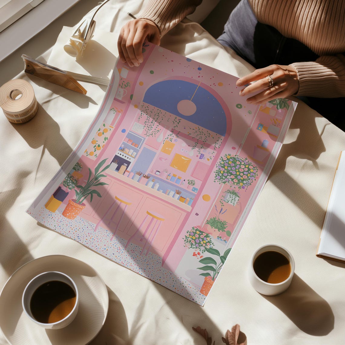 Pink Coffee Shop Interior With Arched Window Illustration Poster - Image 3