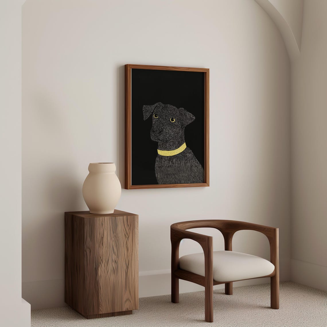 Black Dog Portrait With Golden Eyes And Yellow Collar On Dark Poster - Image 5
