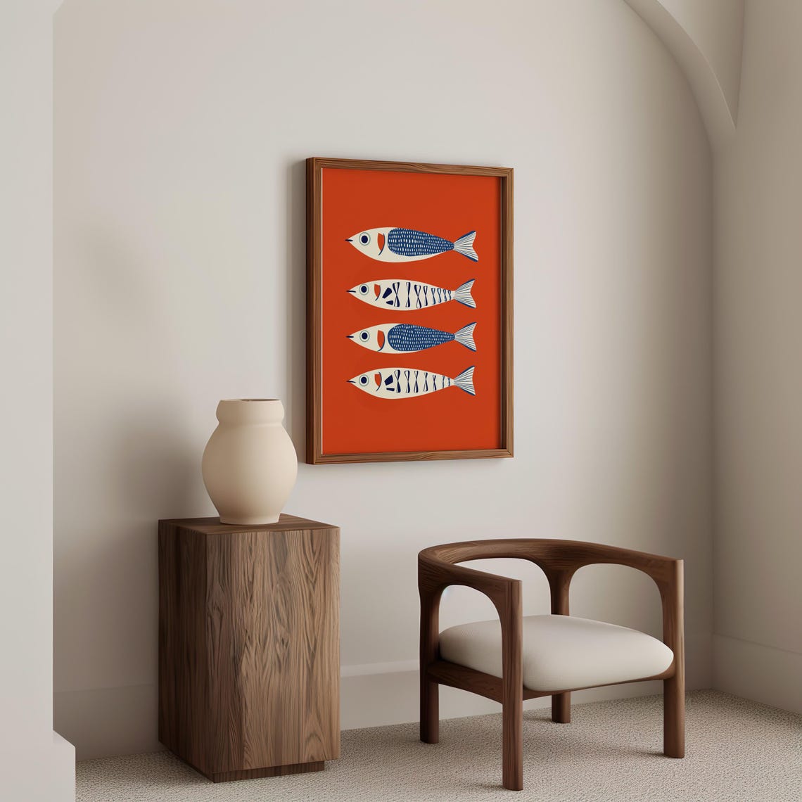 Four Stylized Blue Fish On Bold Red Retro Modern Kitchen Art Poster - Image 4