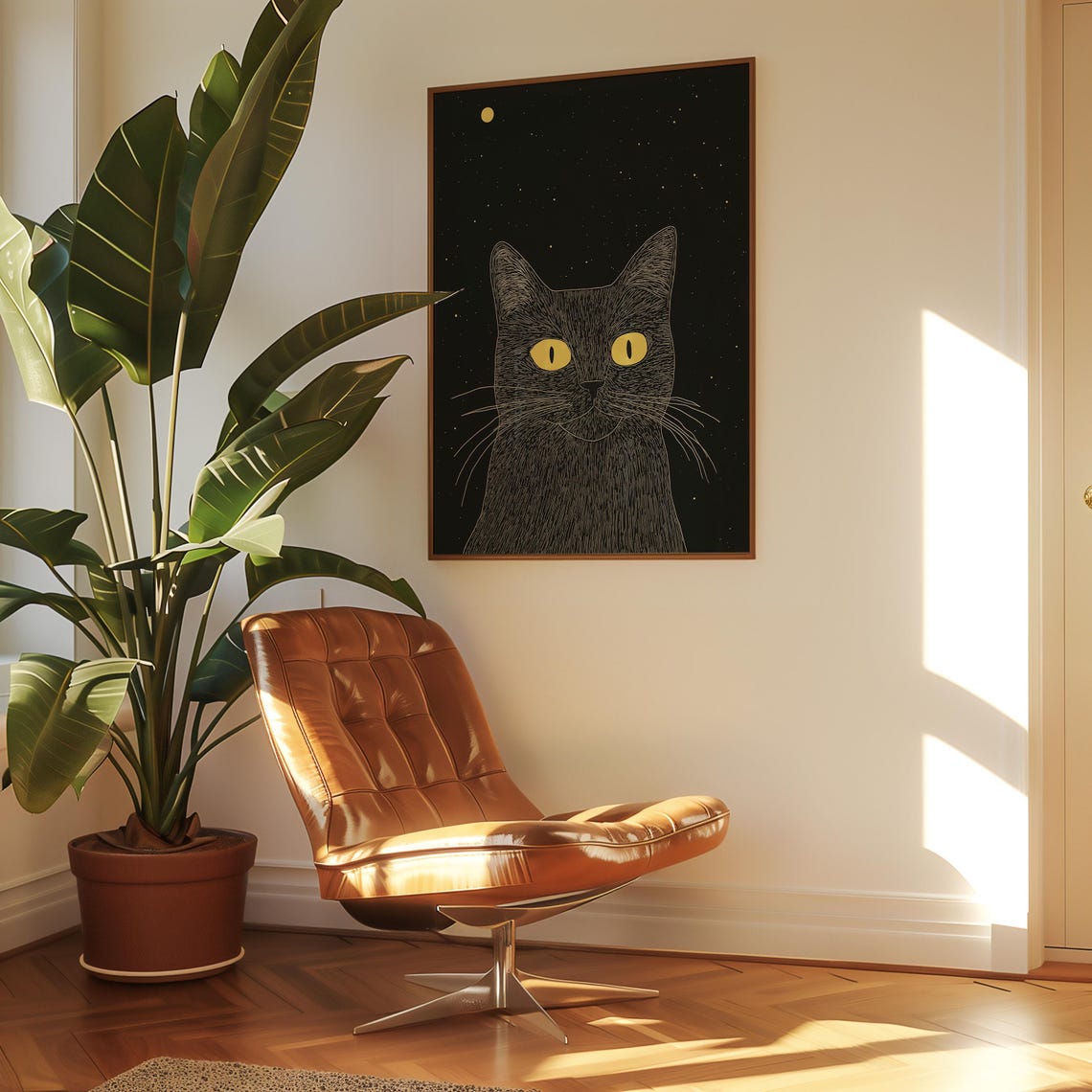 Black Cat With Yellow Eyes Staring Under A Starry Night Sky Poster - Image 6