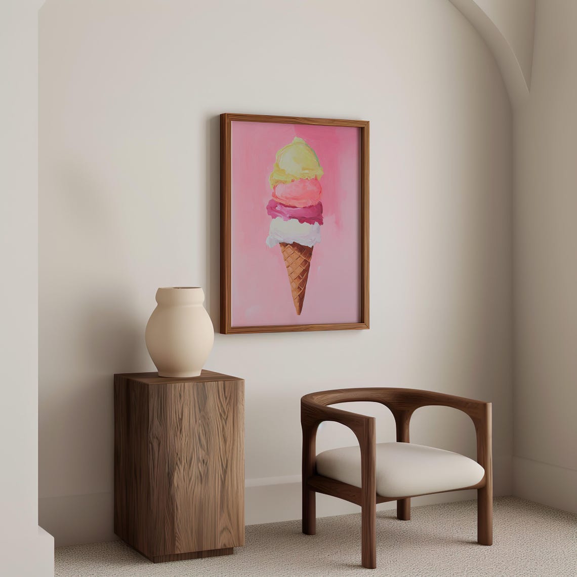 Triple Scoop Pastel Ice Cream Cone On A Pink Painterly Art Poster - Image 4