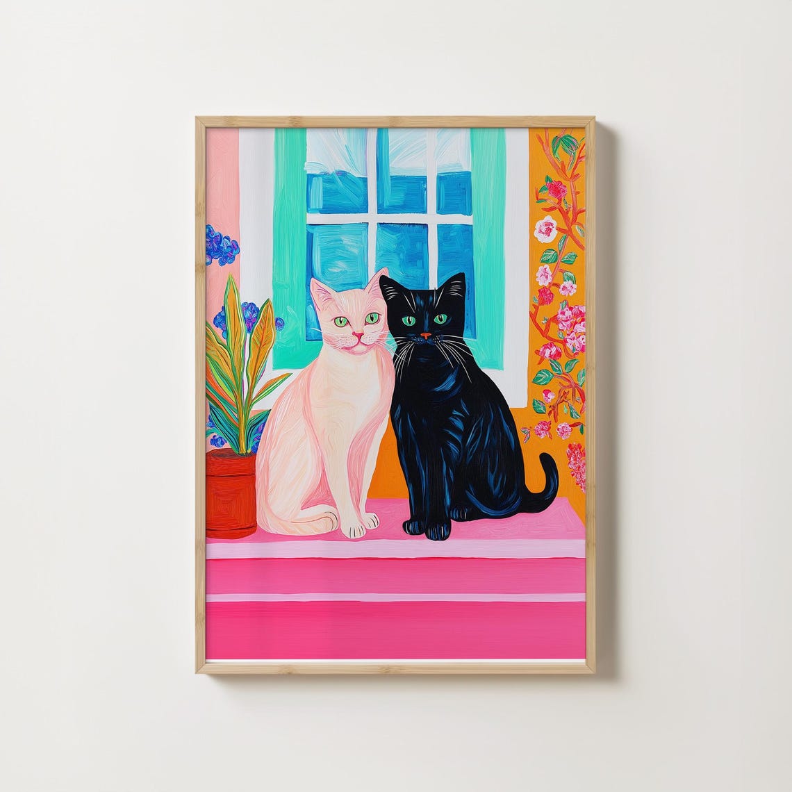 Black and White Cat Pair by a Pink Windowsill Painting Poster