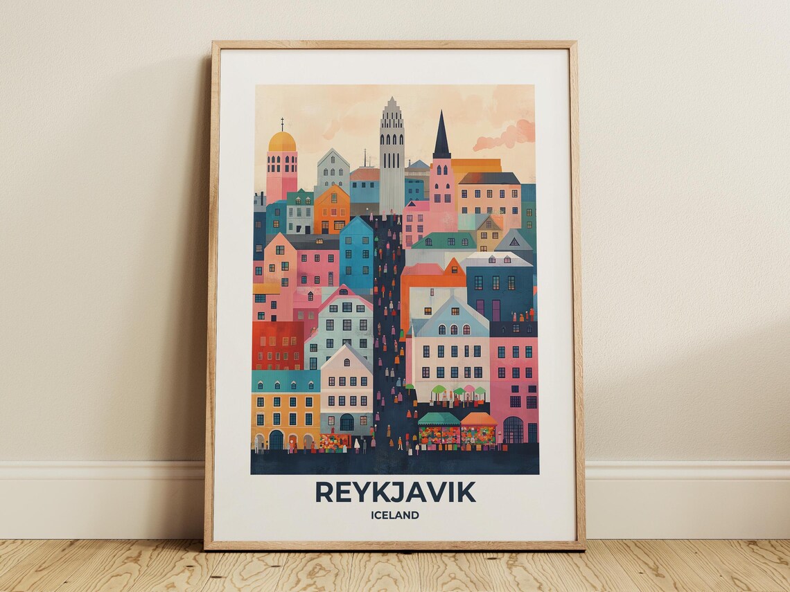 Reykjavik Colorful City Skyline with Market Shops Iceland Poster