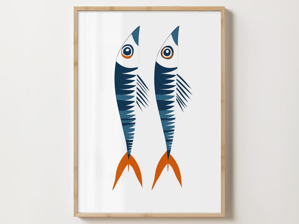 Two Geometric Sardines In Navy And Orange On White Art Poster