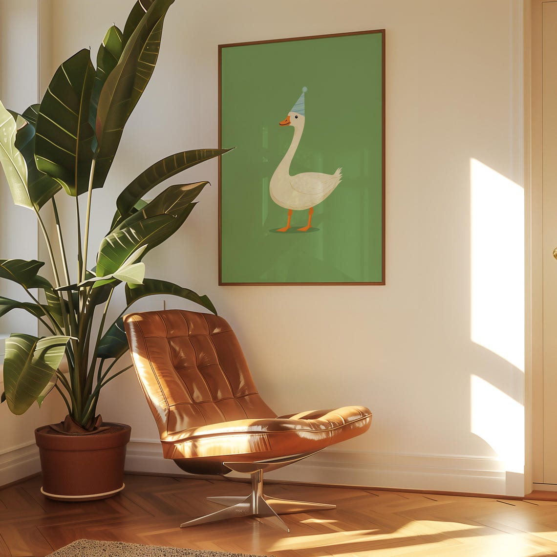 White Goose In A Party Hat Standing On Green Background Poster - Image 2