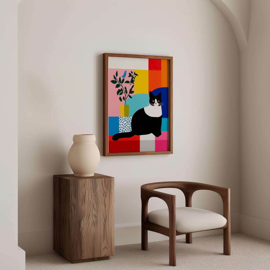 Black and White Cat Against Colorful Geometric Blocks Art Print - Image 5
