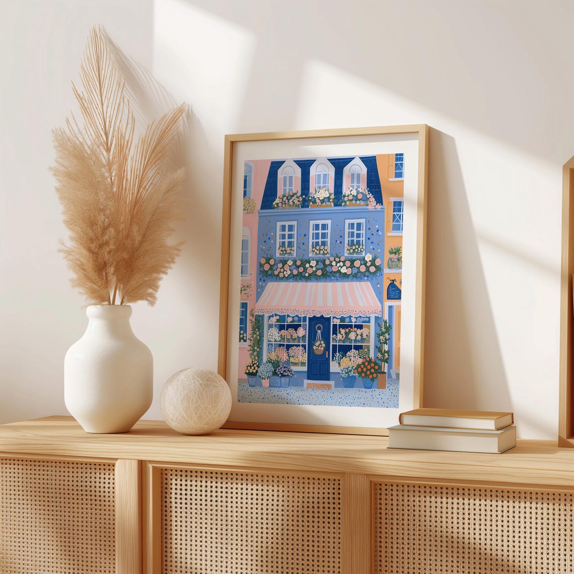 Blue Parisian Flower Shop With Dormer Windows and Roses Print - Image 3