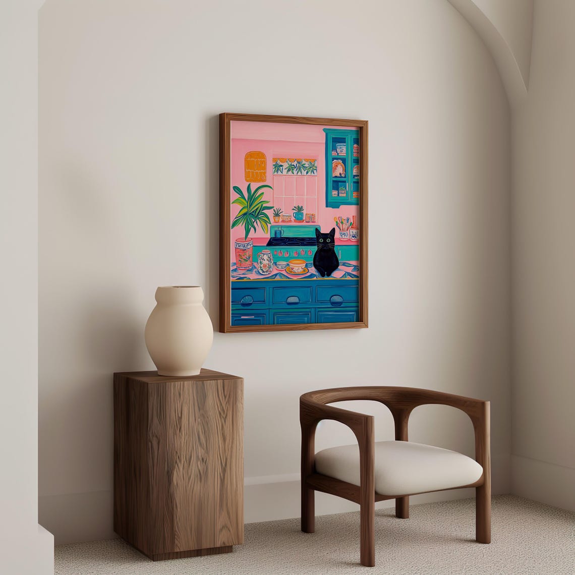 Black Cat Relaxing in a Cheerful Pink and Teal Kitchen Art Poster - Image 5