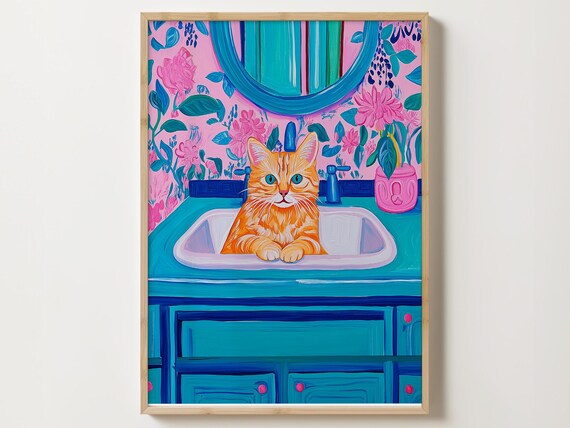 Cheerful Orange Tabby Cat Sitting in a Teal Bathroom Sink Poster
