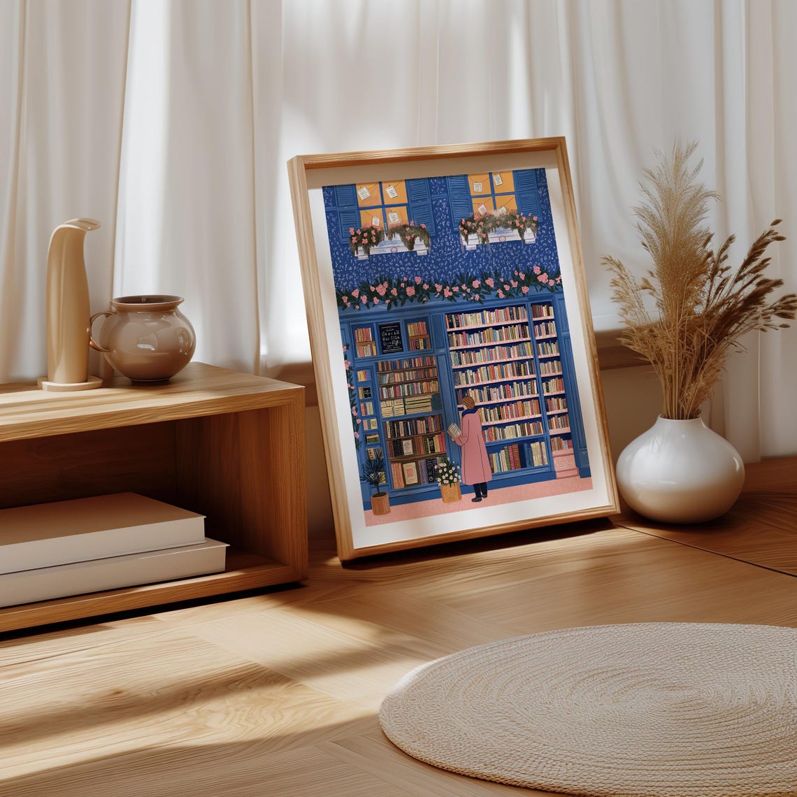 Bookstore Interior With Reader Browsing Tall Blue Bookshelves Poster - Image 2