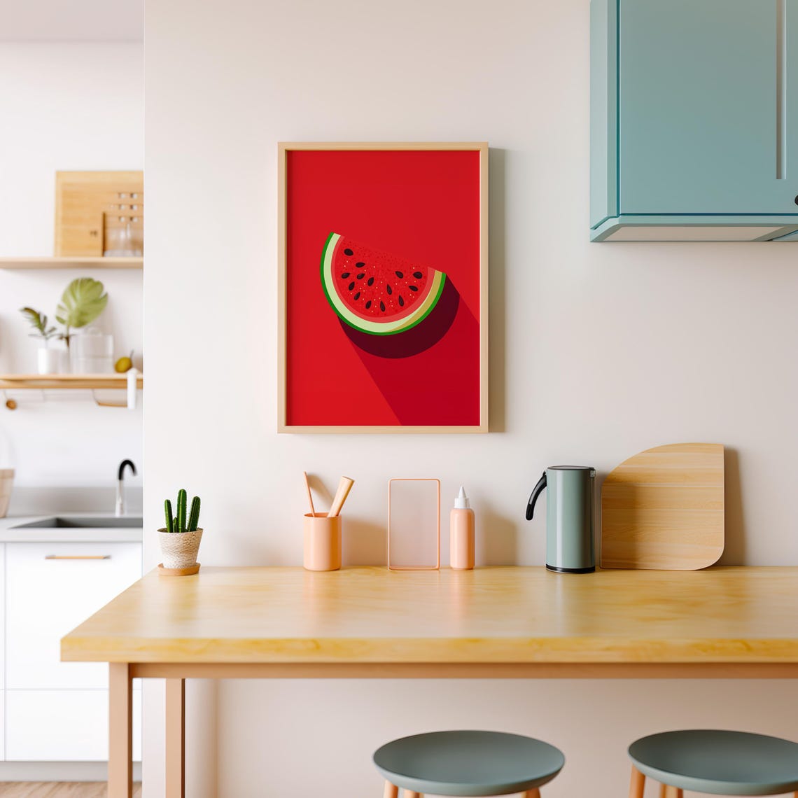 Watermelon Slice On A Red Background With Long Shadow Art Poster - Image 4