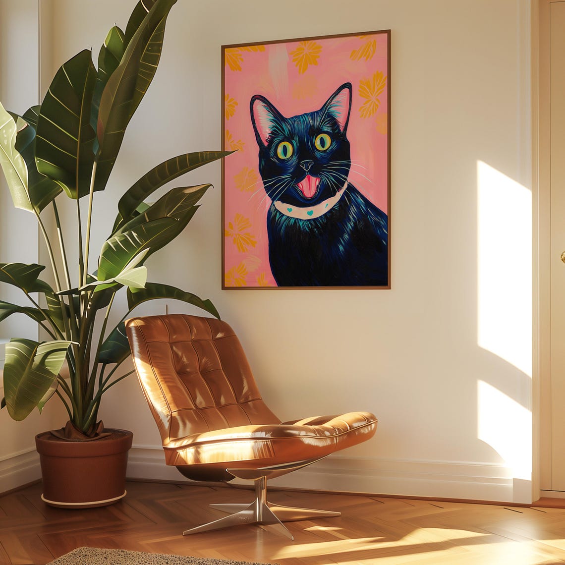 Happy Black Cat With Tongue Out on a Pink Floral Background Poster - Image 2