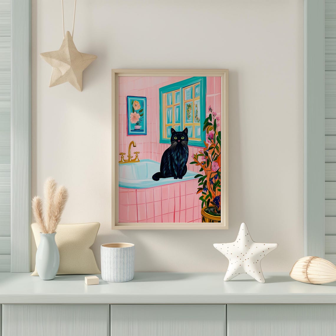 Black Cat Sitting on a Pink Tiled Bathroom Sink Cat Art Poster - Image 4